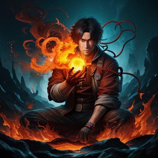 Fiery Anime Elementals in a Lava Landscape