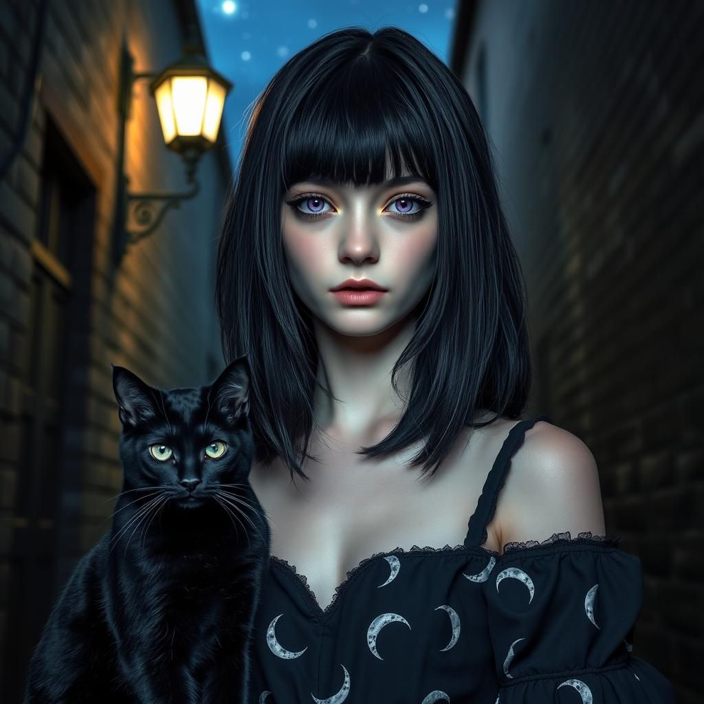 Young Witch with Black Cat in Dark Alley