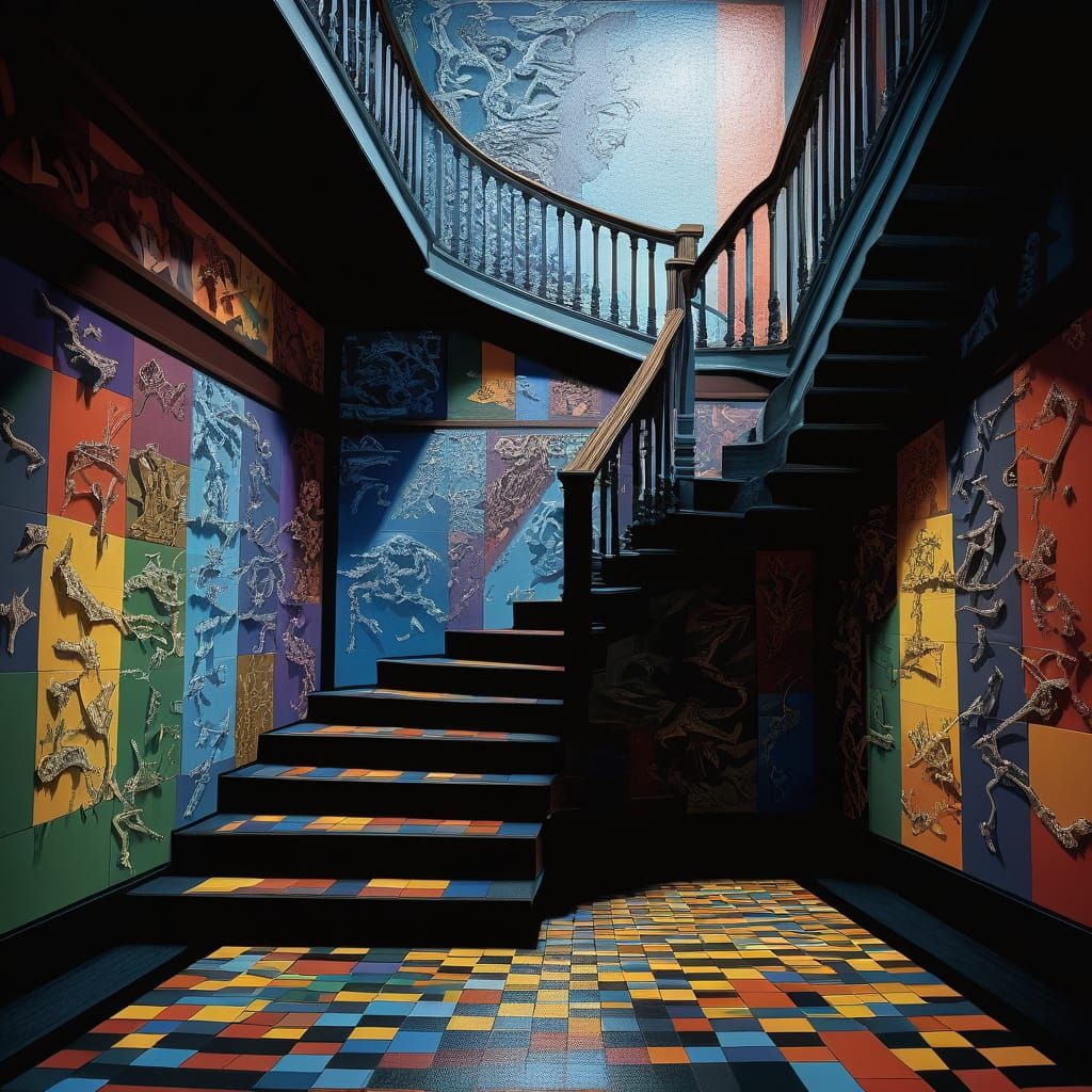 M C Escher-Inspired Hyperrealistic Ladder in Vibrant Colors