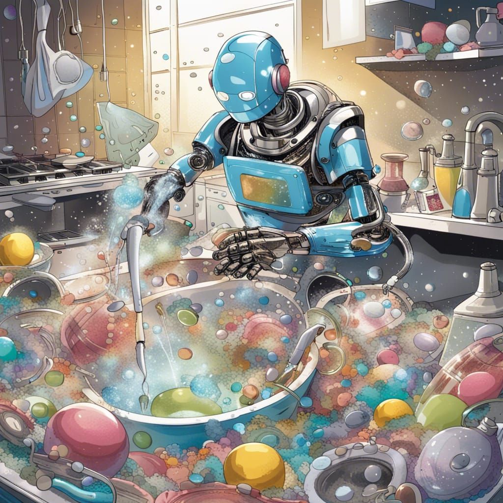 Robot Washing Dishes with Soap Bubbles