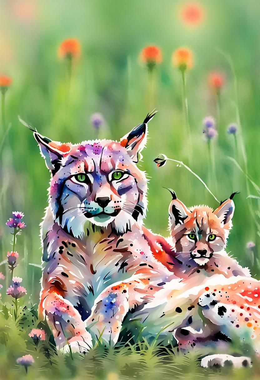 Mother and Baby Lynx in Wildflower Meadow