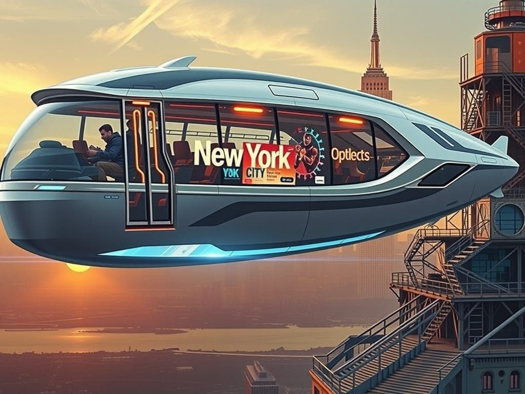 Sleek Flying City Bus Soars Above New York City at Sunset in...