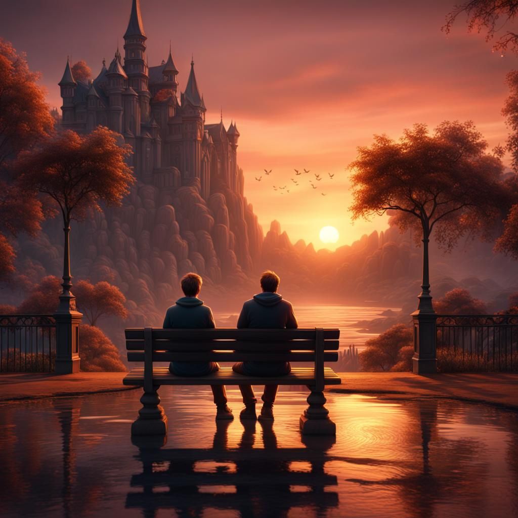 Couple on Bench at Sunset: Fantasy Concept Art