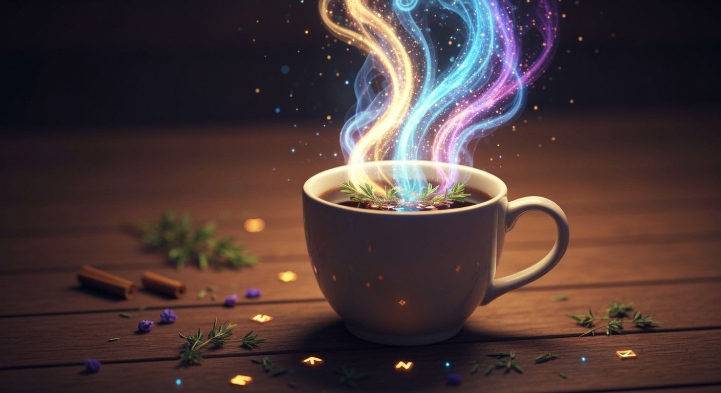 Magical Coffee Mug with Glowing Herbs and Runes