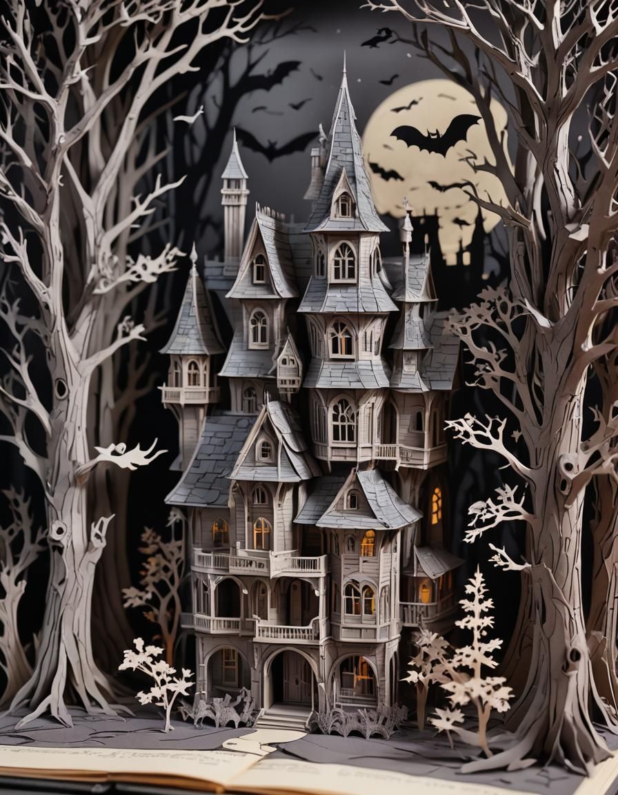 Intricate Haunted House Pop-Up Book in Gothic Style