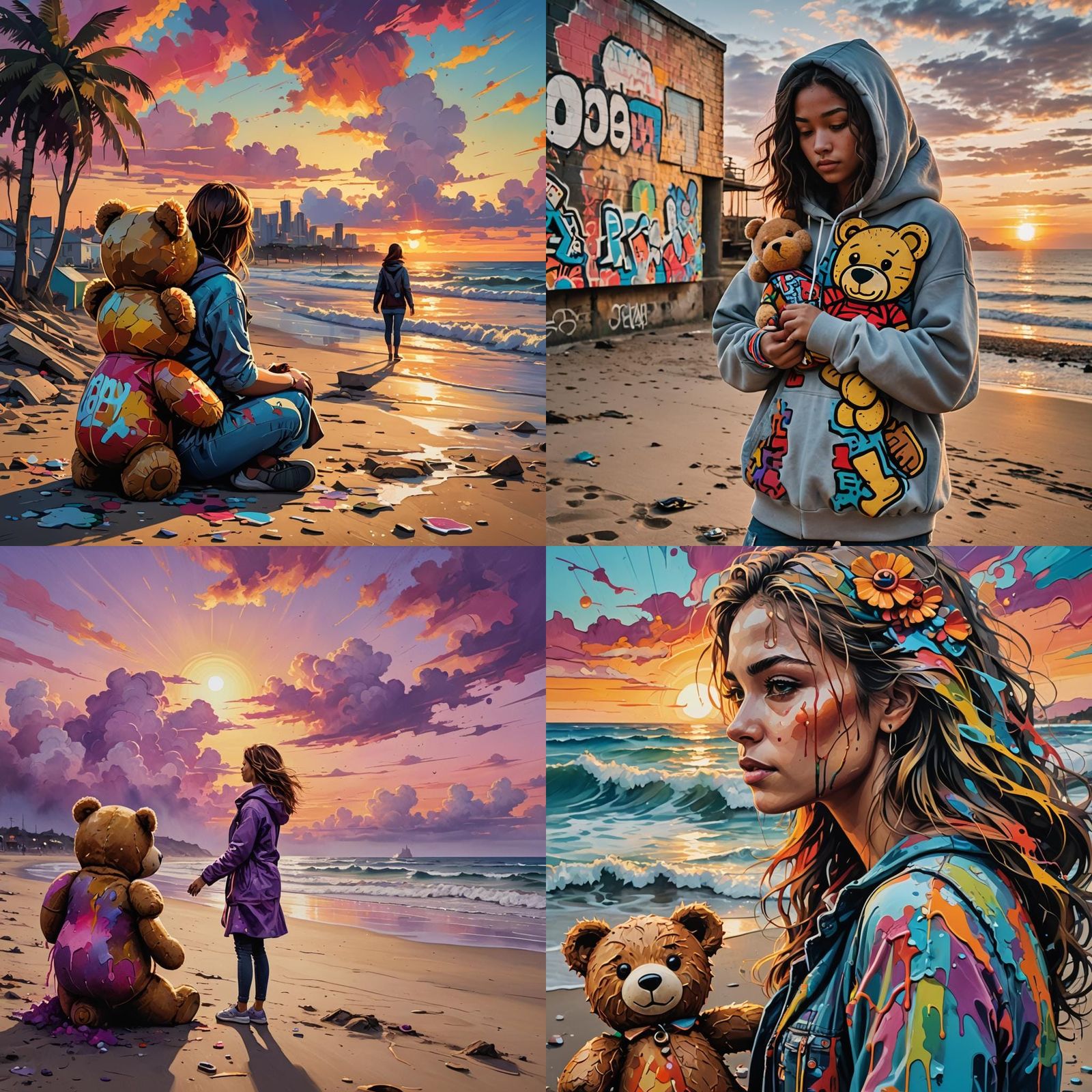 Woman and Teddy Bear at Sunset: Graffiti Art