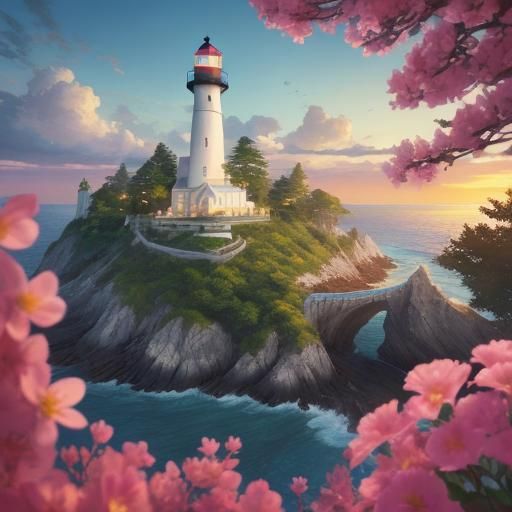Tree Lighthouse on Beach at Sunset: Hyperrealistic Art