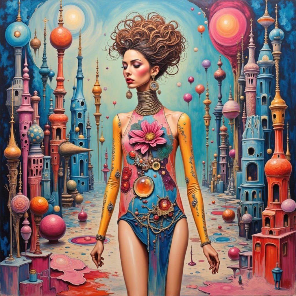Exquisite Woman in Abstract Fantasyland with Dazzling Jewelr...