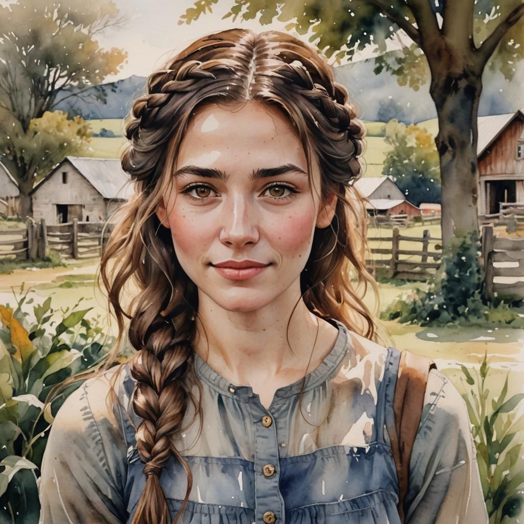 Watercolor Portrait of a Young Farm Woman