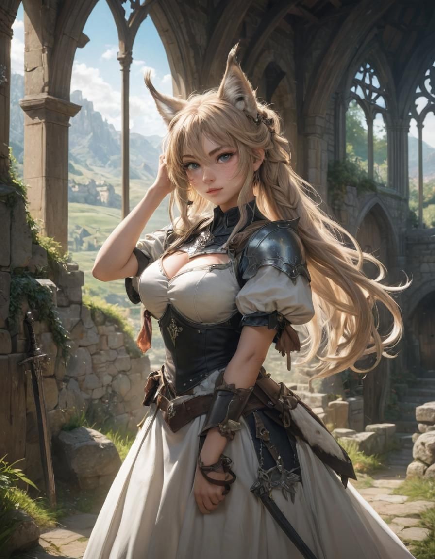 Catgirl Warrior in Quaint Medieval Landscape