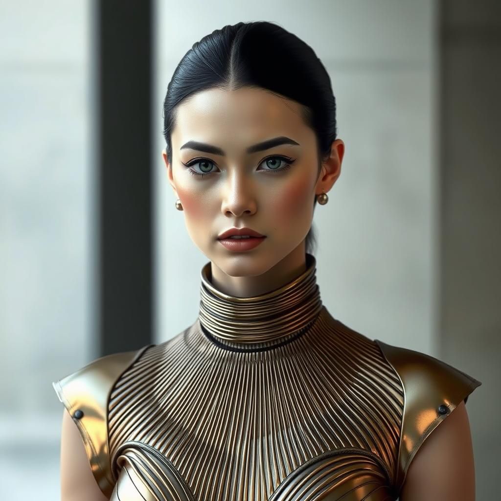 Sleek Woman in Futuristic Metallic Gown