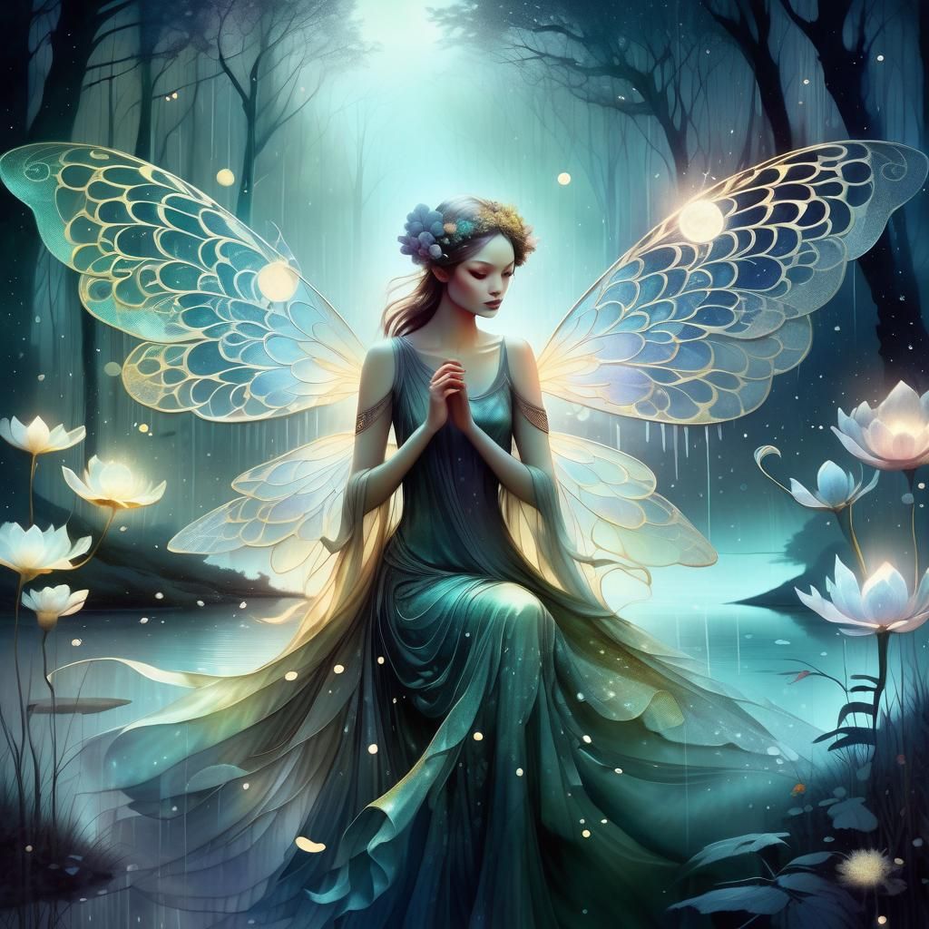 Hyperrealistic Fairy Dances in Moonlight Rain