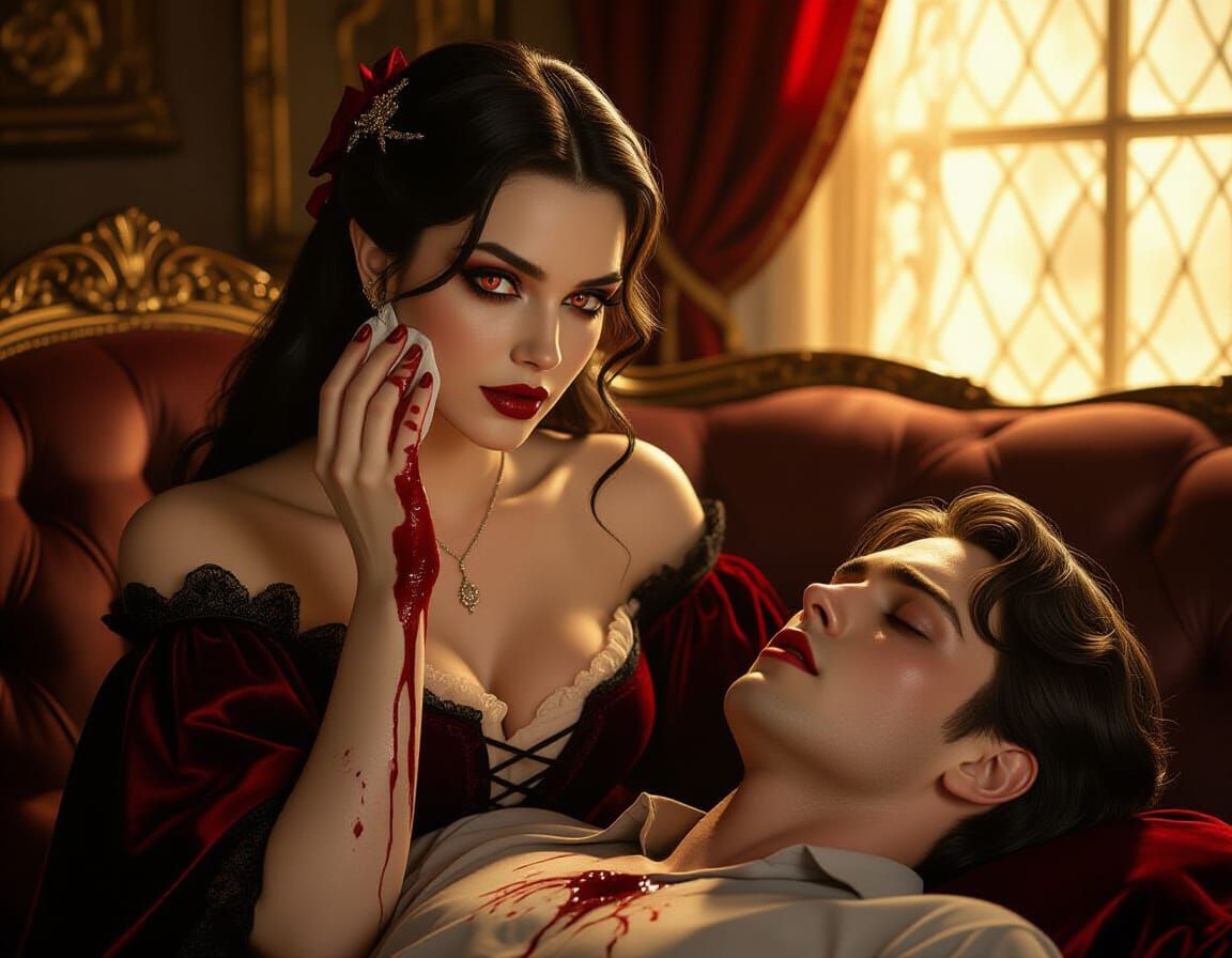 Vampire Woman Cleans Blood After Biting Young Man