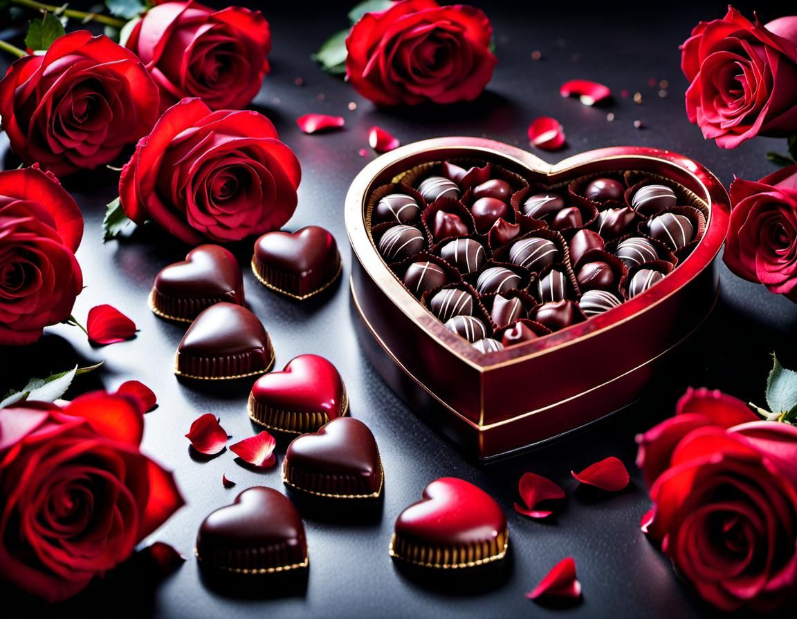Heart Chocolates with Red Roses in Rococo Style