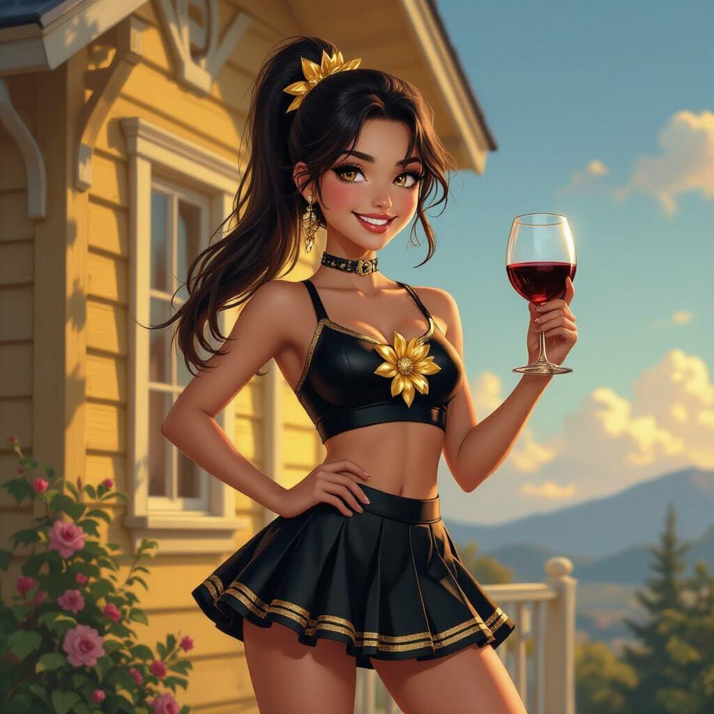 Smiling Cheerleader on Golden House in Detailed Matte Painti...