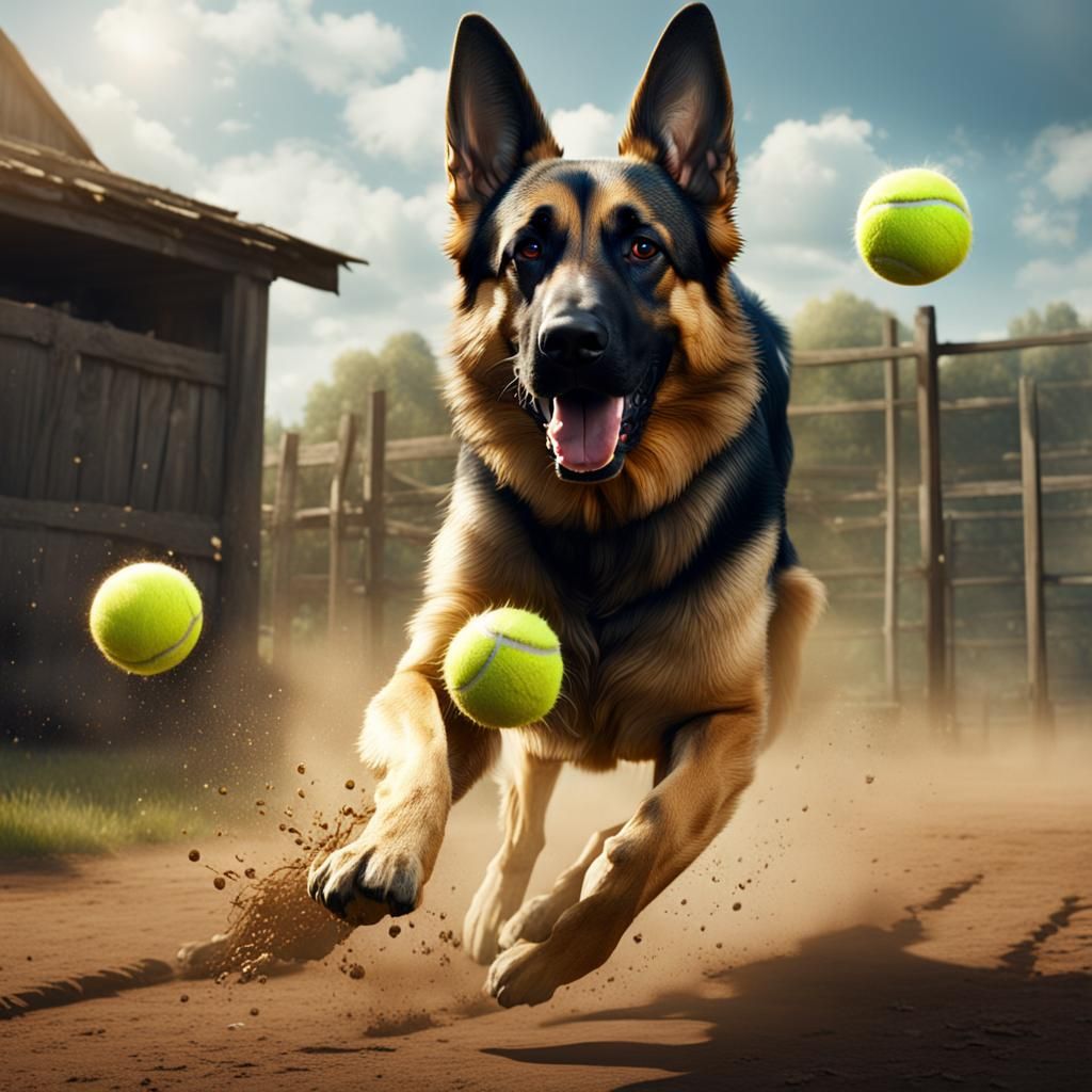 German Shepherd Catches Ball: Fantasy Concept Art