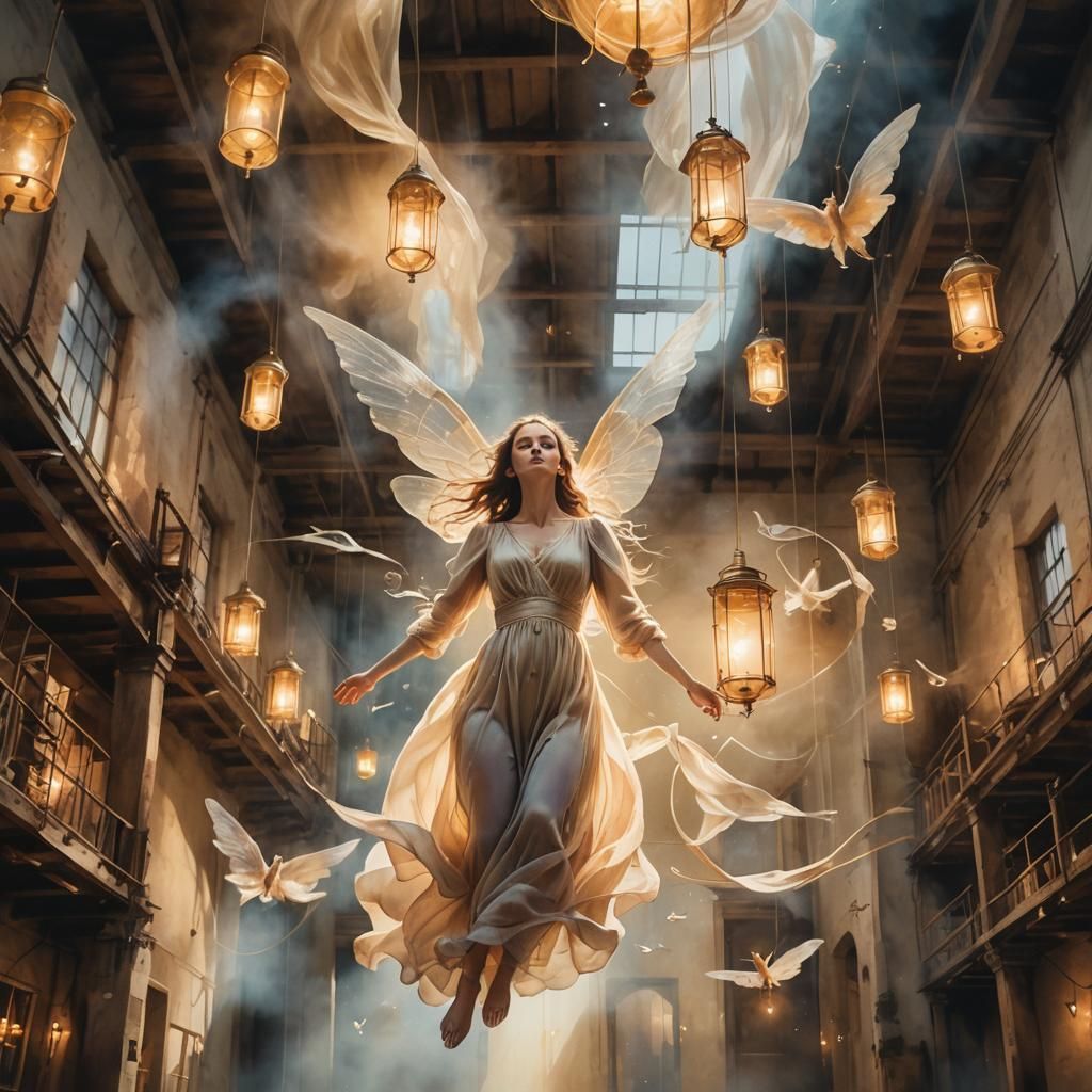 Surreal Dreamborn Muse in Ethereal Watercolor Warehouse