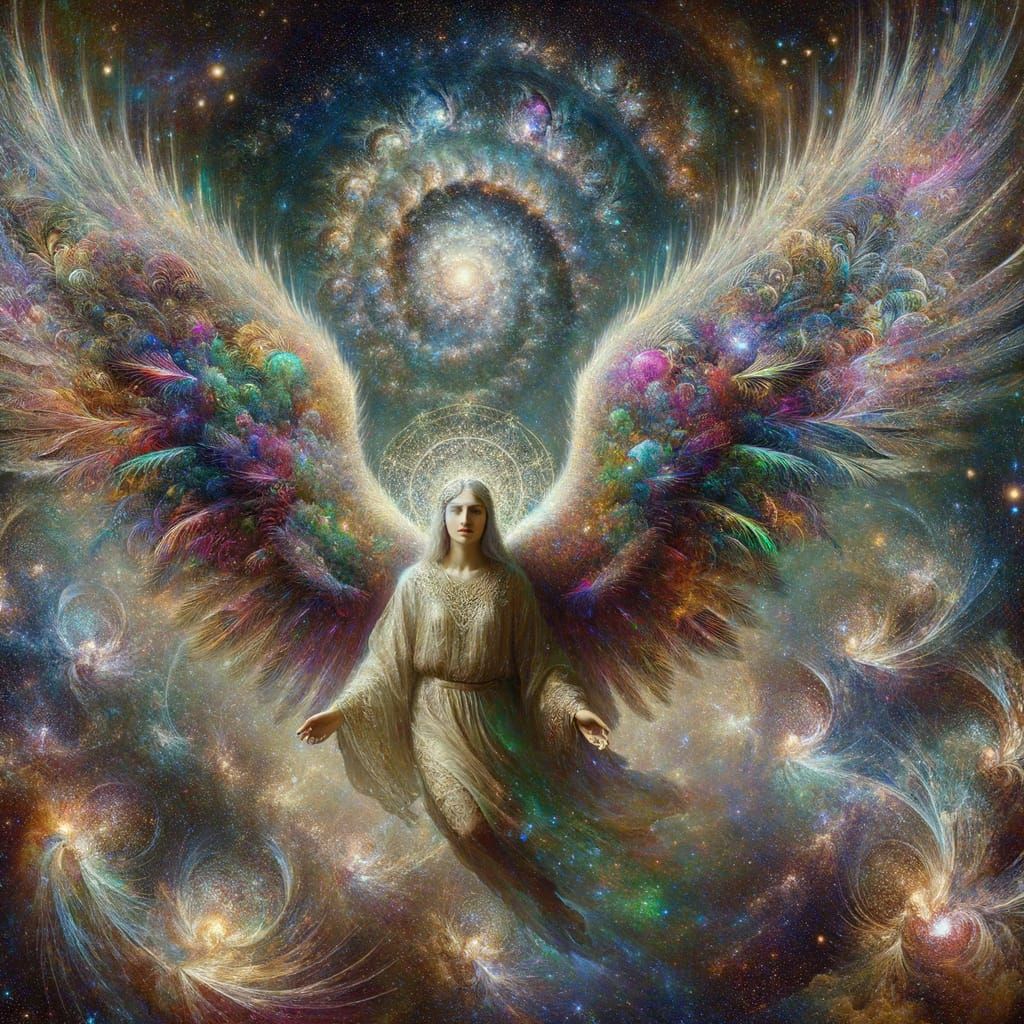 Celestial Angel Descending: Renaissance Surreal Oil Painting