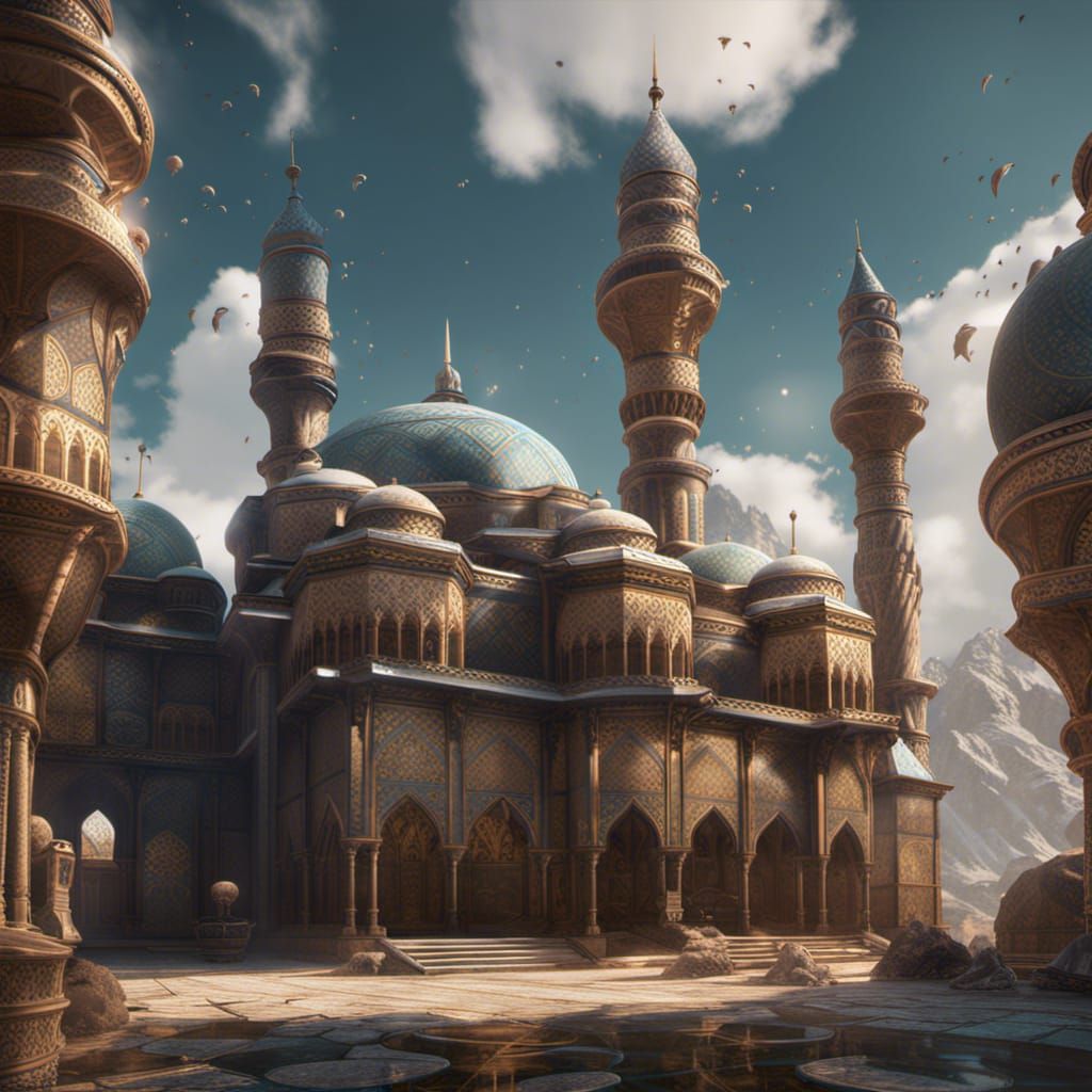 Fantastical Mosque in Deep Color, Detailed Art