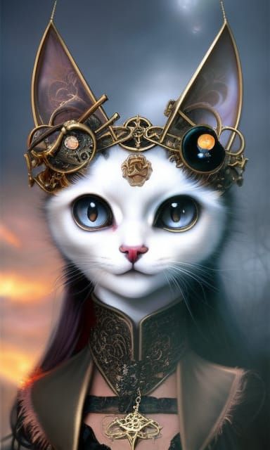 Noble Steampunk Anime Girl with Cat in Surreal Style