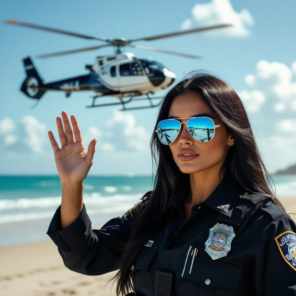Latina Police Officer Waving at Helicopter, Cinematic Style