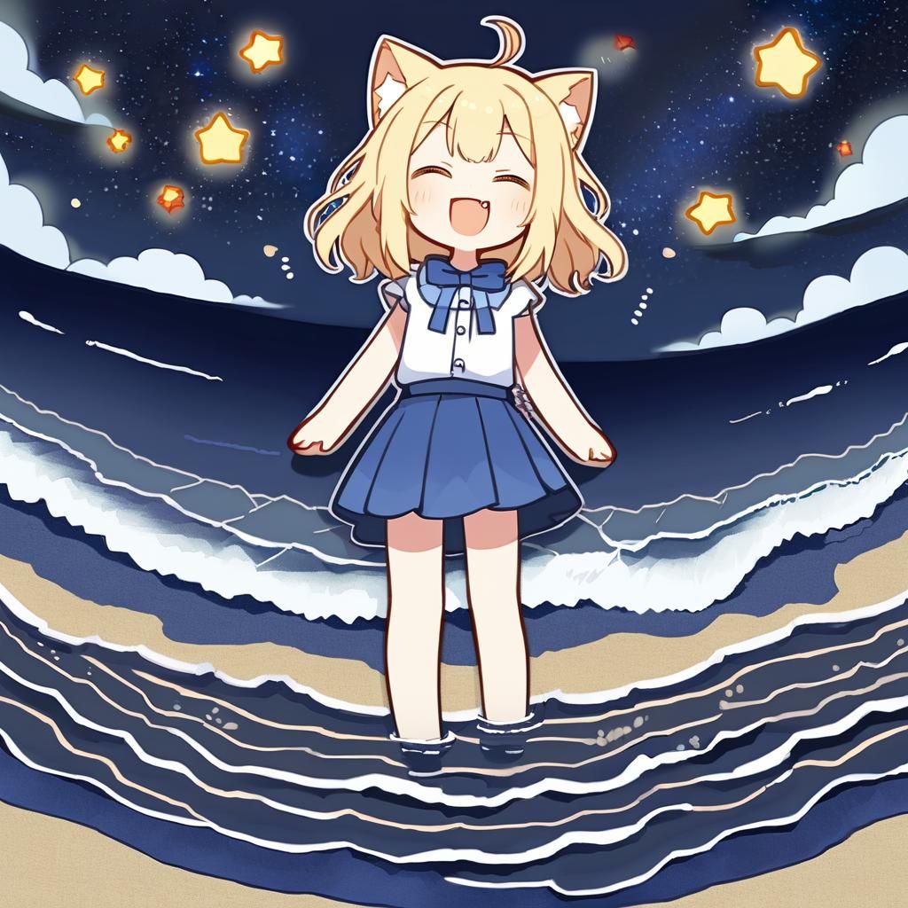 Adorable Catgirl with Cat Ears on Starry Beach