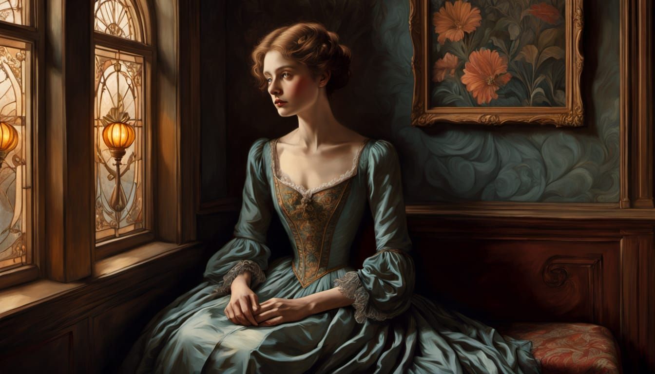 Art Nouveau Melancholy: Woman by Window in Golden Hour