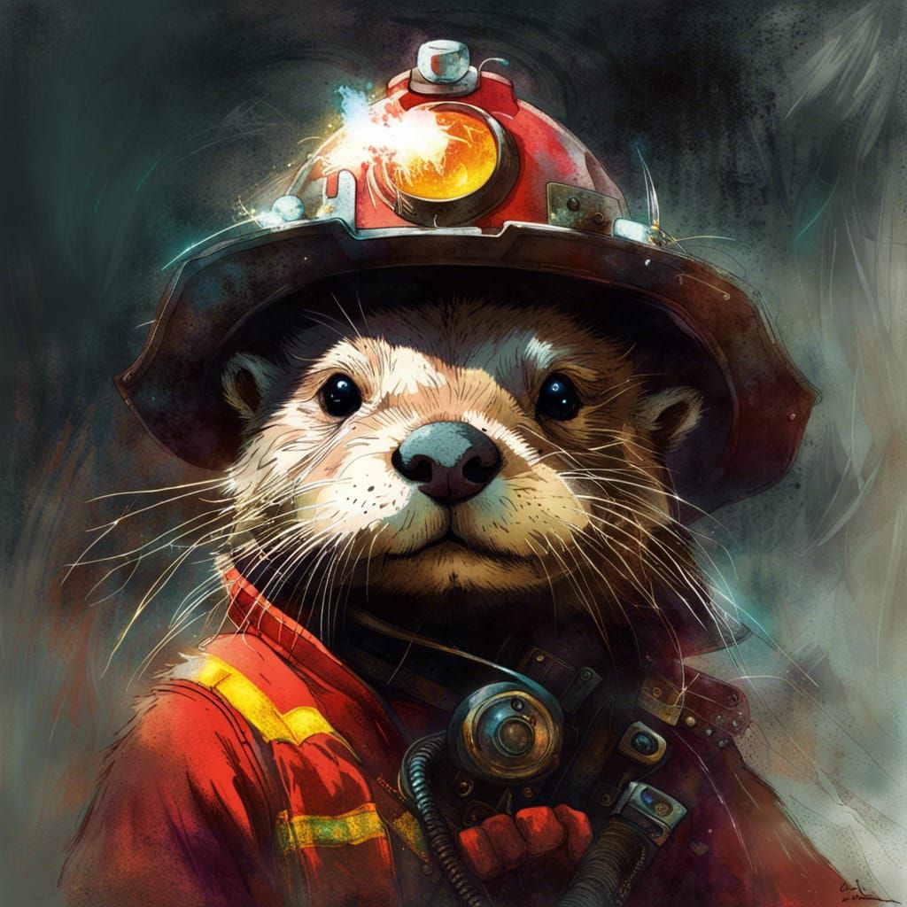 Furry Otter Fireman Portrait in Polychromatic Splash Art