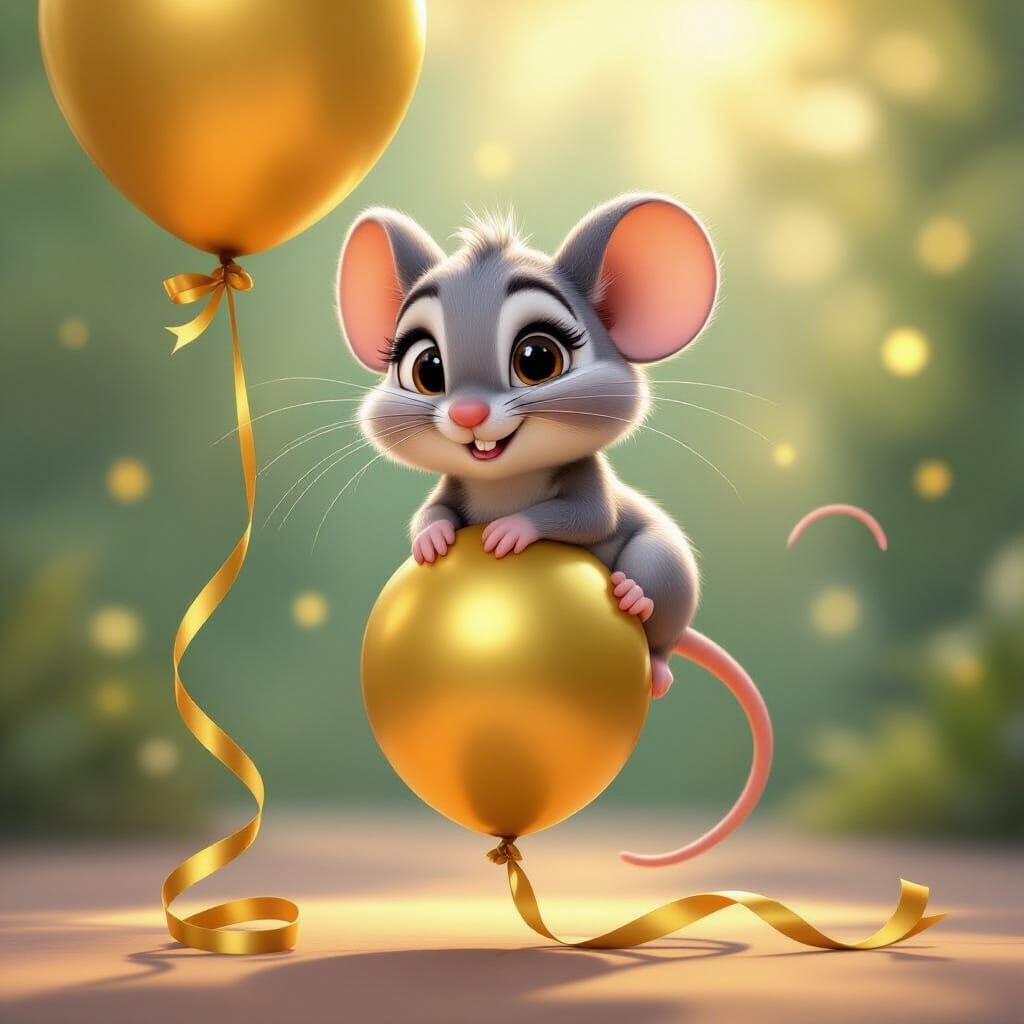 Cute Cartoon Mouse on Birthday Balloon in 3D Animation Style