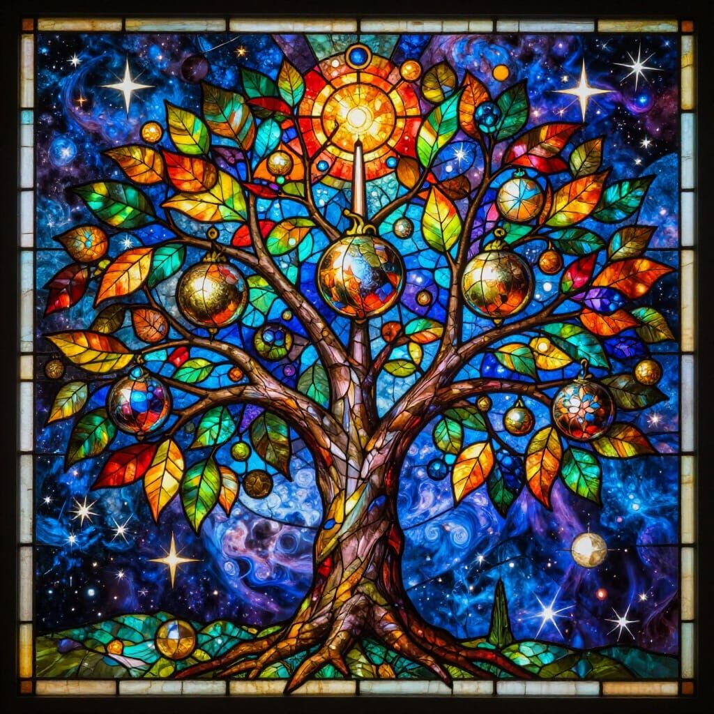 Vibrant Stained Glass World Tree of Knowledge