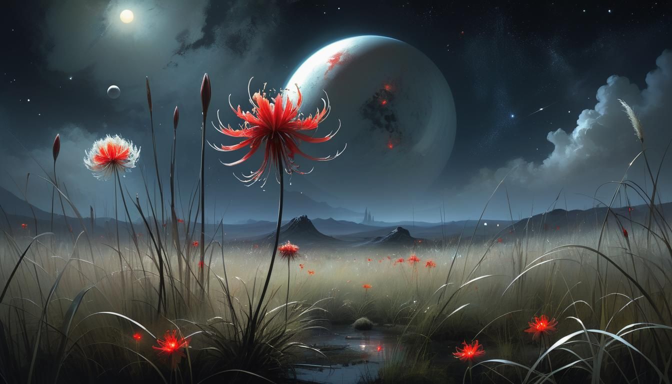 A Desolate Planet Bathed in Red Twilight, as Moody Oil Paint...