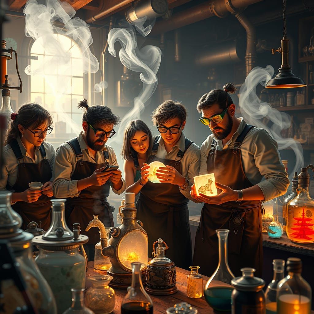 Alchemists in Whimsical Laboratory Scene
