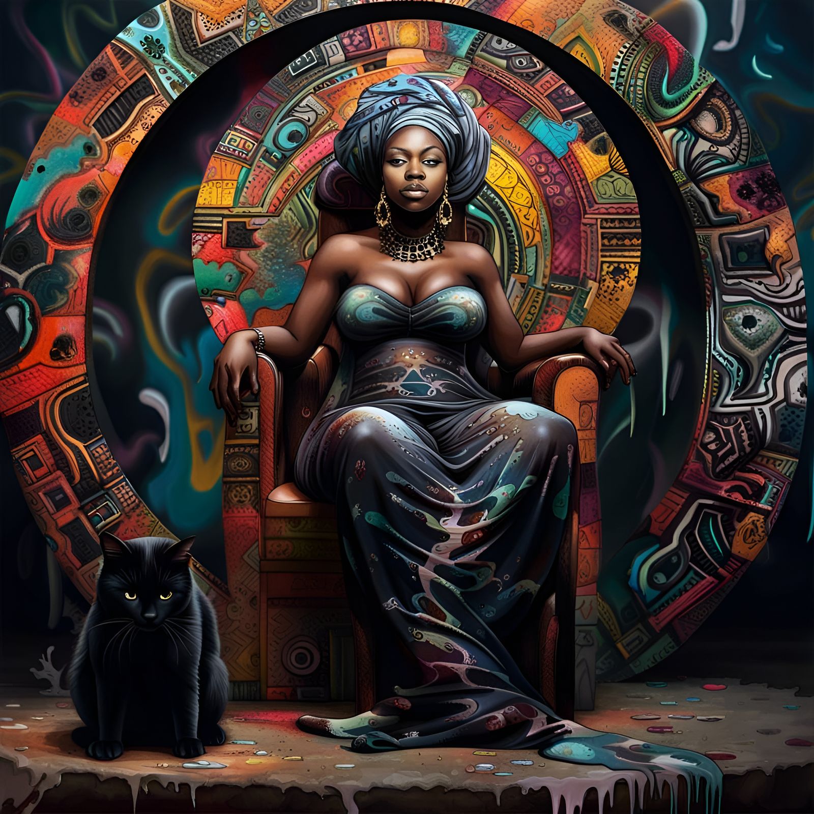 African Woman on Throne with Cats in Graffiti Art