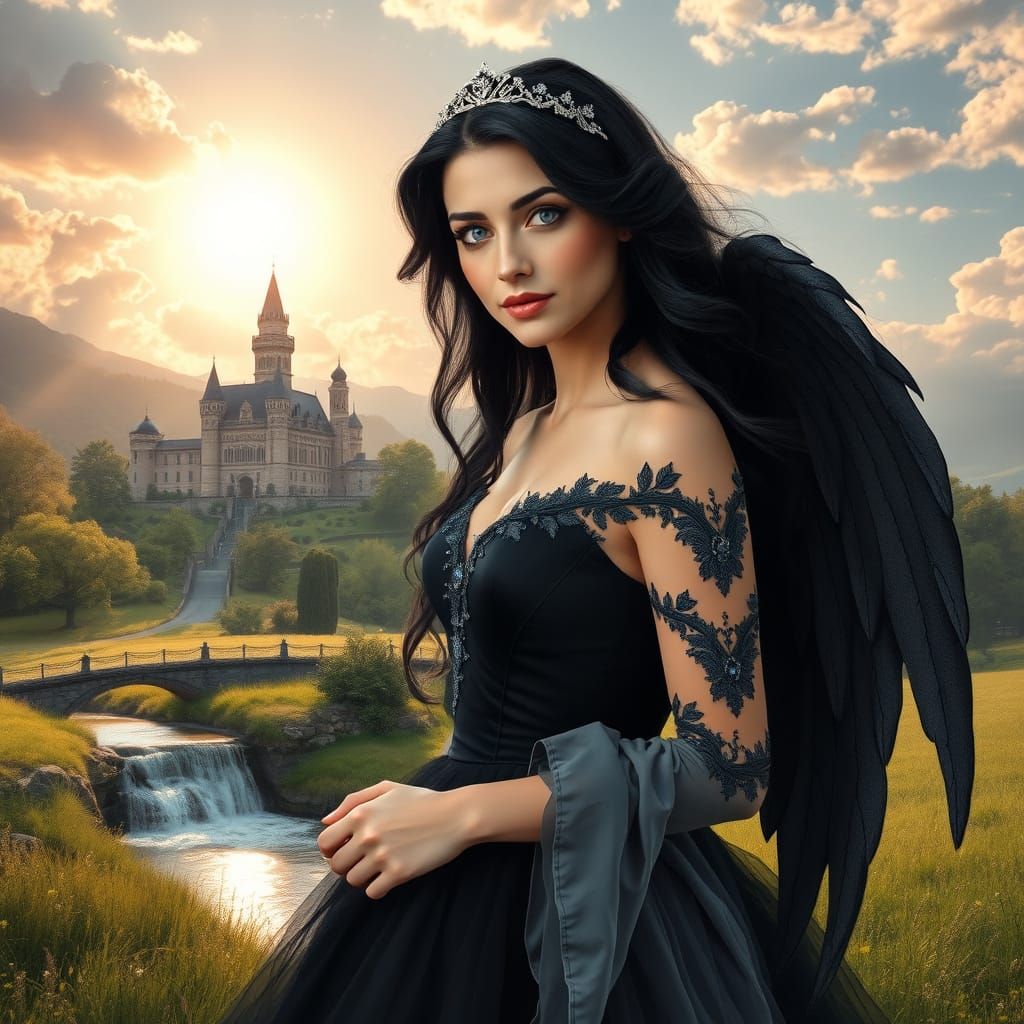 Angel Woman with Black Wings, Long Hair, and Sapphirine Eyes...