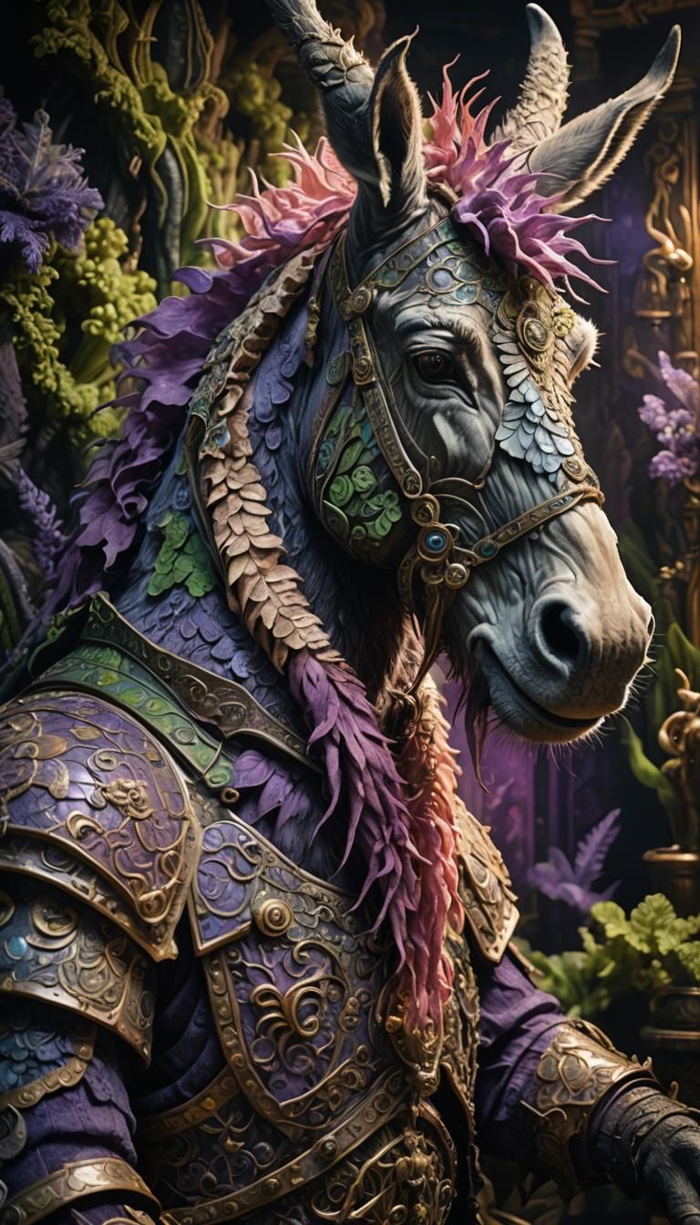 Mystical Donkey with Coral Beard in Hypermaximalism Style