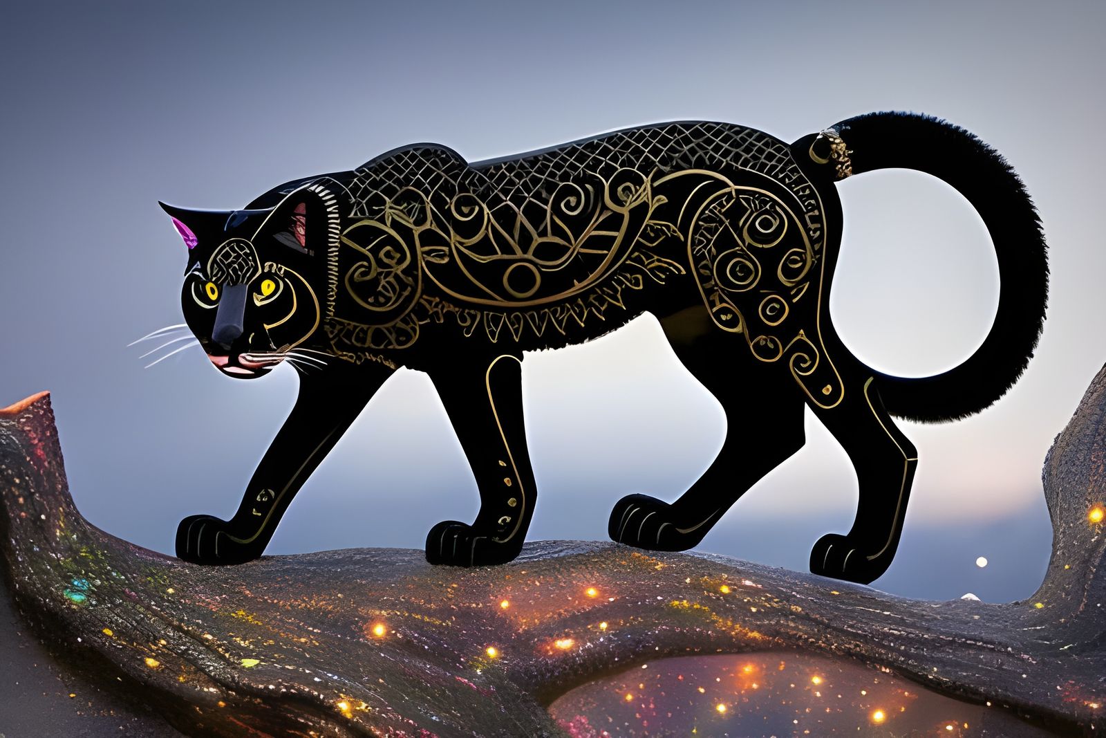 Black Panther on Tree in Vibrant Psychedelic Art