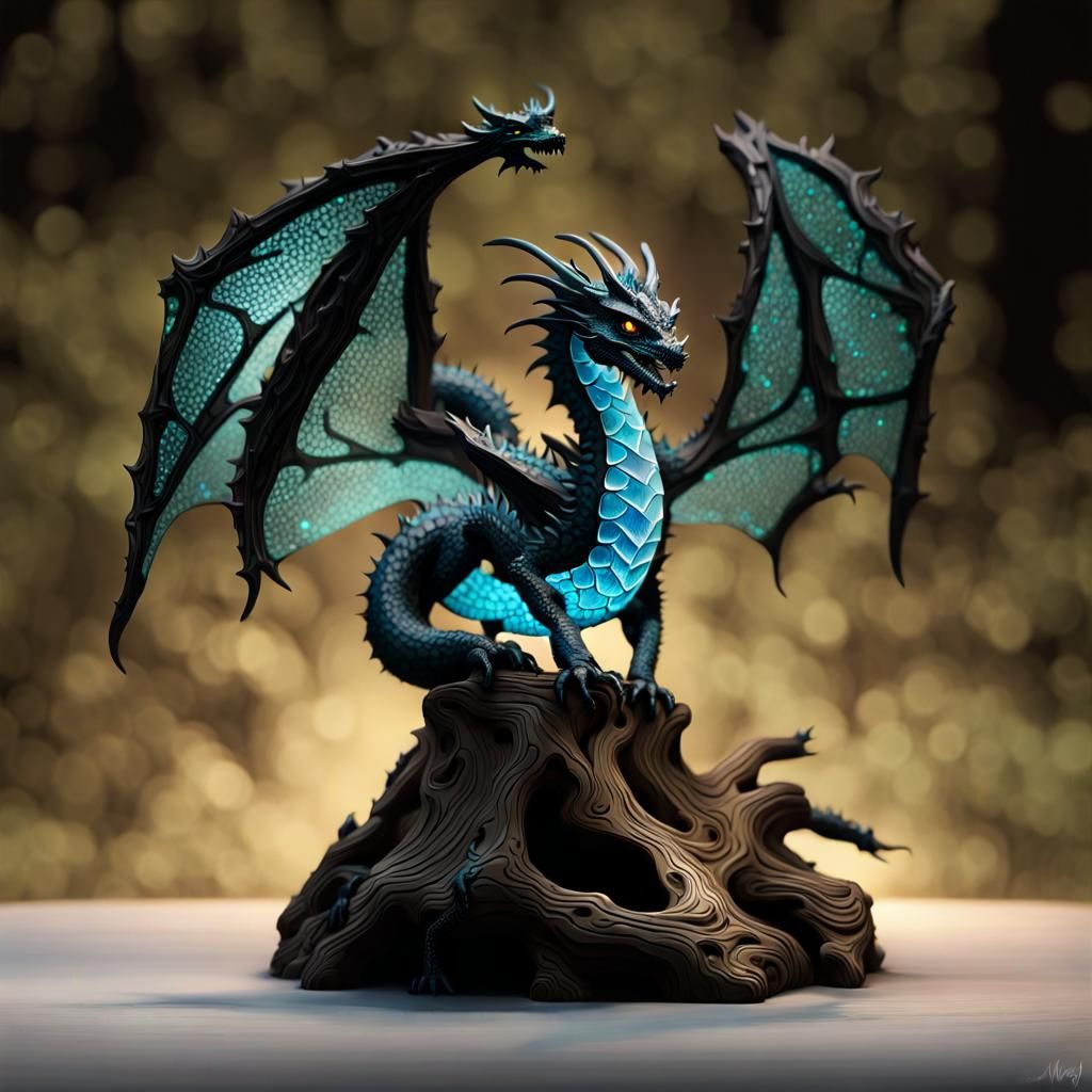 Bioluminescent Crystal Dragon Sculpture on Tree Stump
