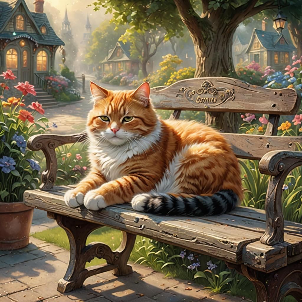 Cute Cat Napping on Sunny Bench in Fantasy Style
