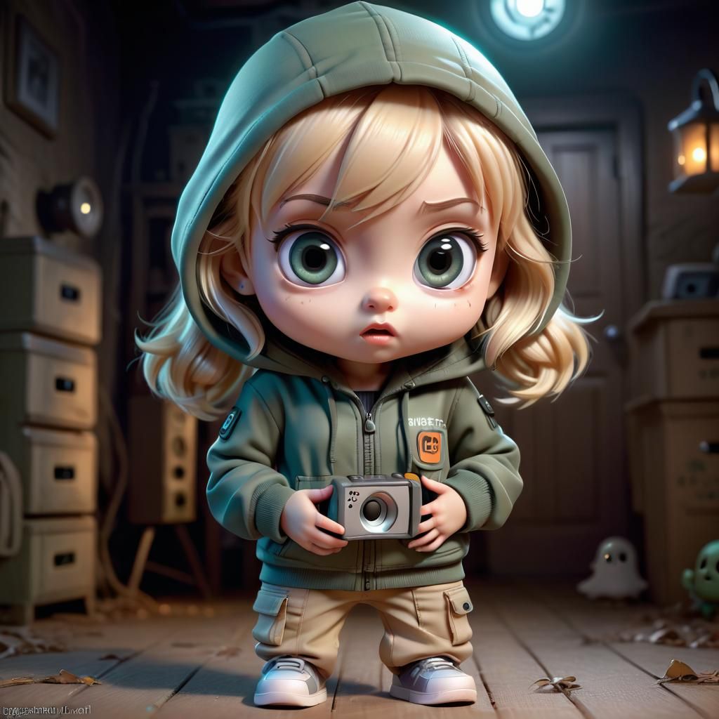 Scared Chibi Ghost Hunter in Haunted House, 3D Art