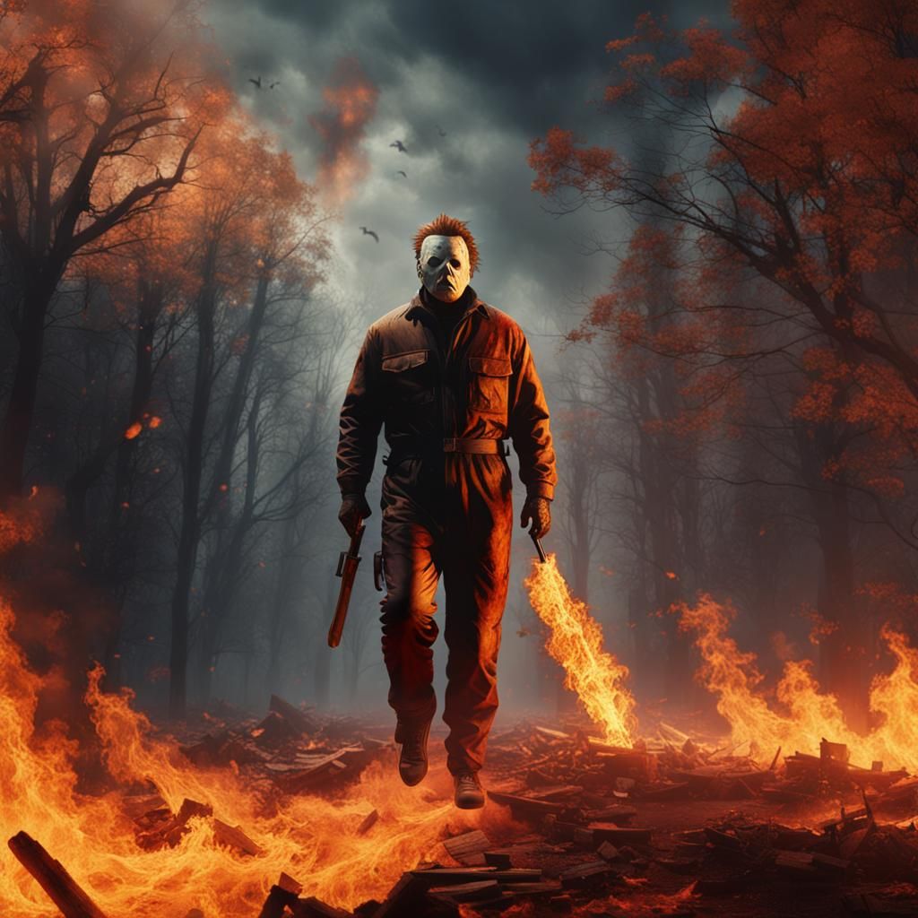 Michael Myers Emerges from Fire: Detailed Matte Painting