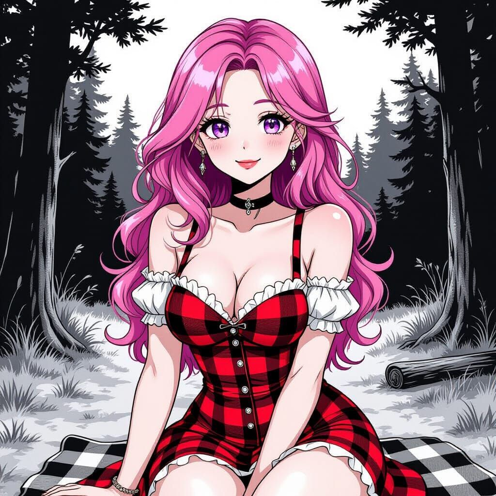 Smiling Woman in Black and White Anime Line Art