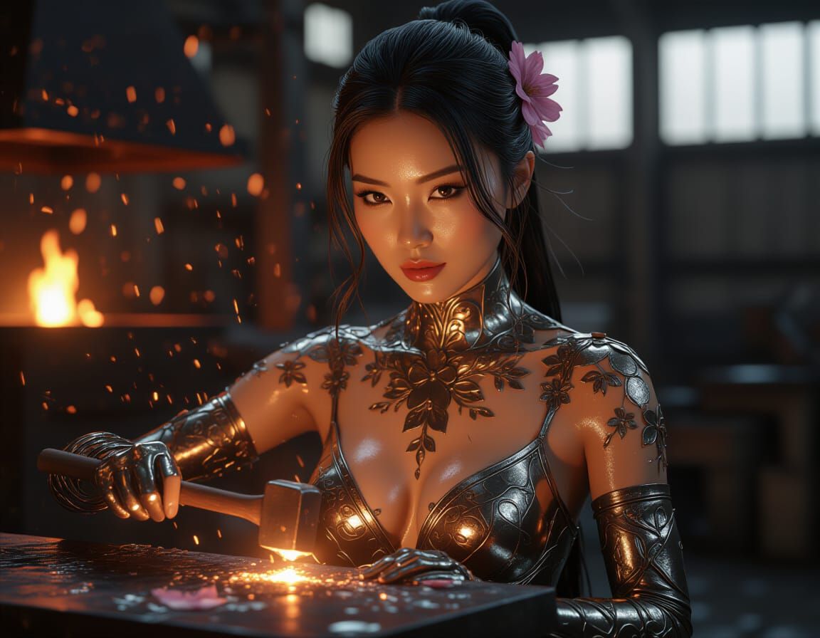 Asian Woman Forged from Liquid Metal with Hammered Blossoms