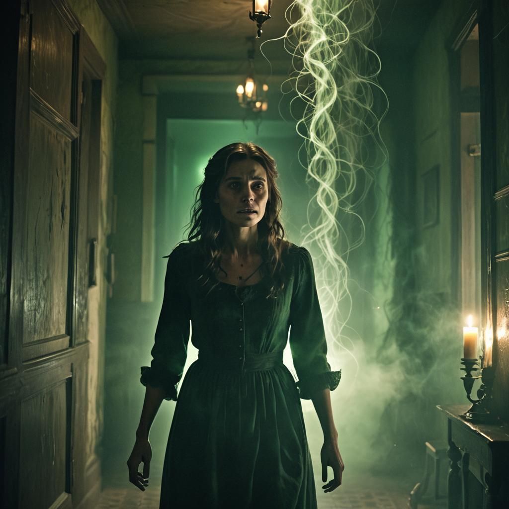 Terrified Woman in Haunted House with Spirits