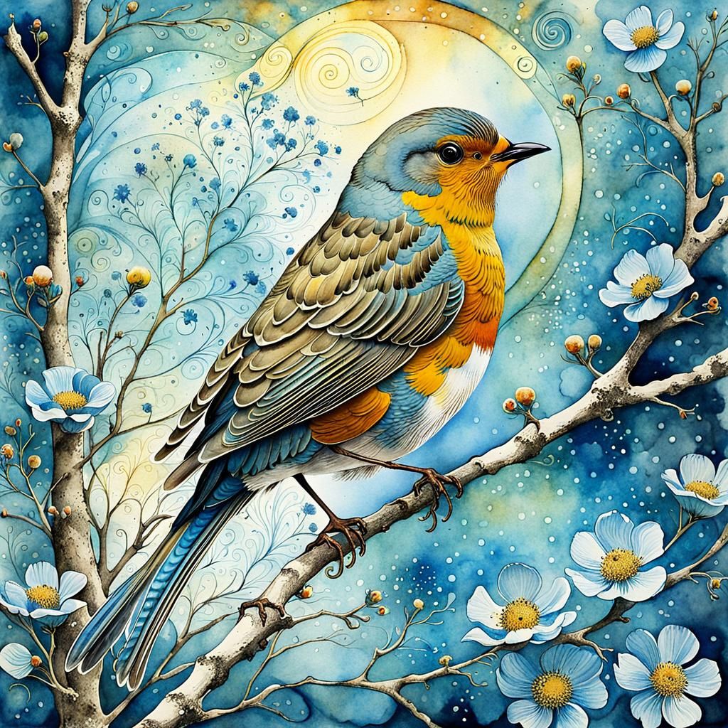 Watercolor Robin on Branch with Floral Accents