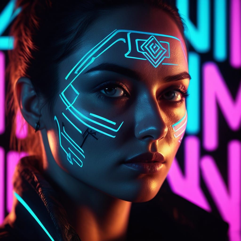 Neon Glyphs Surround a Young Woman: Hyper-Realistic Portrait