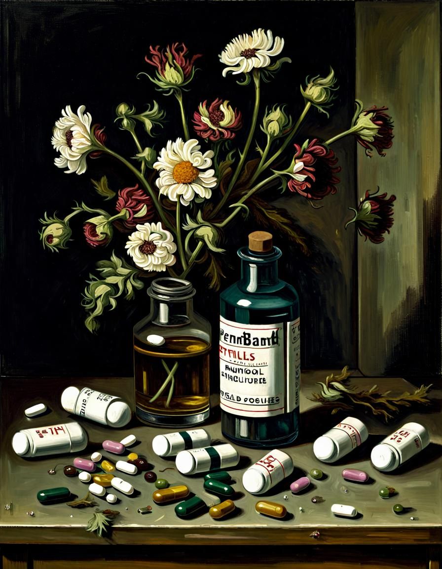 Baroque Still Life: Pills and Dead Flowers in Oil
