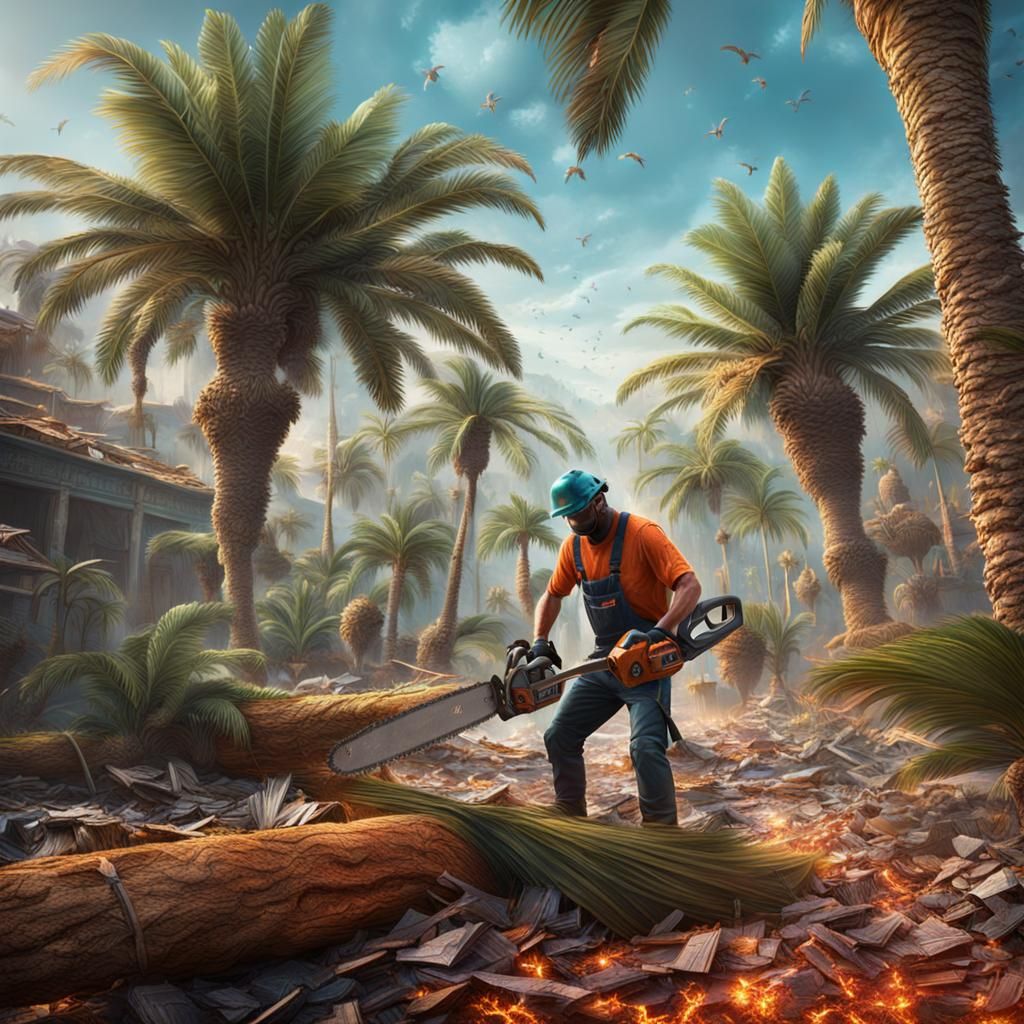 Man cutting down palm trees with a chainsaw, palm trees laying in pieces on the ground