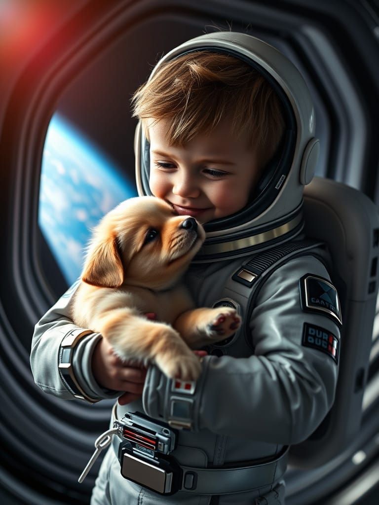 Boy and Puppy in Futuristic Spacesuit, Earth in Background