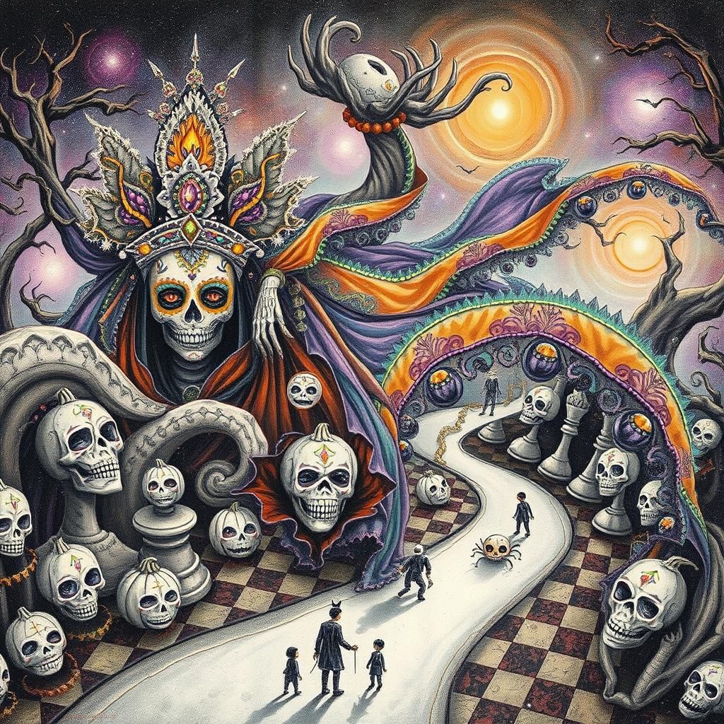 Mystical Sugar Skull Woman in Eerie Halloween Scene