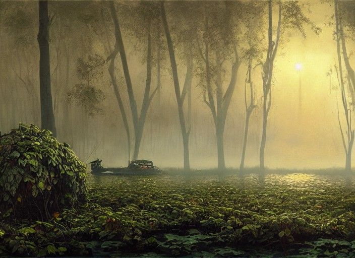 Ivy-Covered Floatplane Wreck in Foggy Swamp